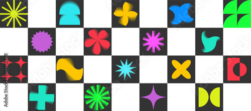Colorful geometric pattern set featuring bold shapes and vivid hues. Ideal for contemporary designs, abstract backgrounds, and playful visual compositions. Vector EPS10
