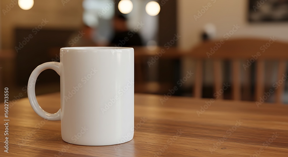 Fototapeta premium A plain white mug sits on a wooden table in a cafe with blurred background