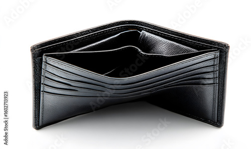 Empty black leather wallet on white background