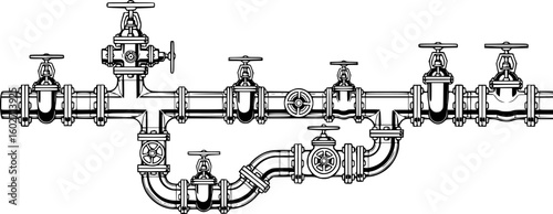 Water, oil or gas M3 pipeline with fittings and valves. Pipeline open, close. Pipe fitting symbol. Vector Illustration. EPS 10