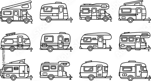 Set of icons camping car or trailer for camping in line style. Caravan icons in trendy line style.
