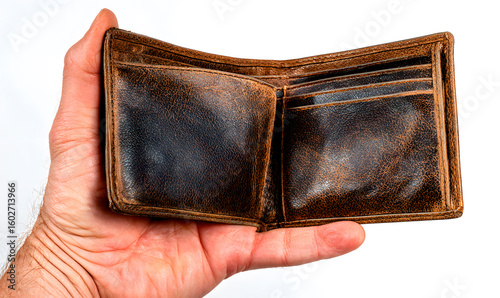 Empty vintage leather wallet held in hand