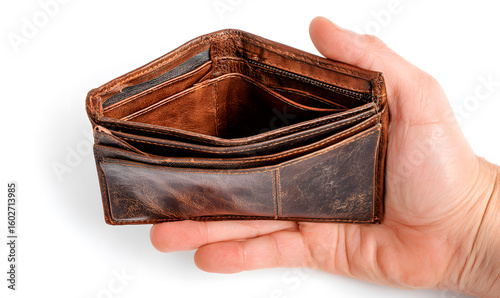 Empty vintage leather wallet held in hand