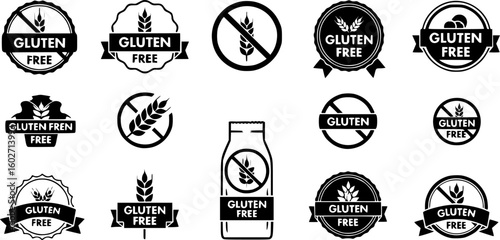 Set of Gluten free label vector icons set. No wheat symbols templates design for gluten free food package or dietetic product nutrition sign. Vector Illustration. Vector Graphic. EPS 10