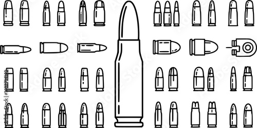 Bullet icon. Simple illustration of bullet. Cartridge caliber symbol. Ammo ammunition of different guns. EPS 10