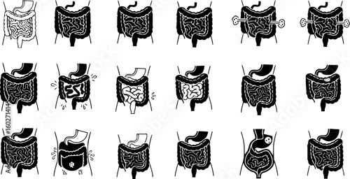 Diarrhea icon set. Diarrhea stomach gut health icons. Intestine digestive system vector symbol. Vector Illustration. EPS 10