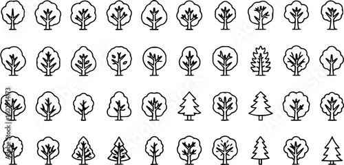 Tree and Forest Line Icon Bundle. Modern Collection for Design, Web Sites, Apps, Cards. Contains Linear Images of Deciduous and Coniferous Trees. Editable stroke. Vector illustration. EPS 10