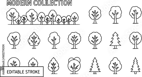 Tree and Forest Line Icon Bundle. Modern Collection for Design, Web Sites, Apps, Cards. Contains Linear Images of Deciduous and Coniferous Trees. Editable stroke. Vector illustration. EPS 10