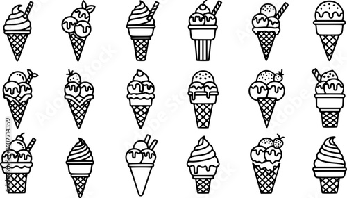 Ice cream vector icon set. Waffle cone illustration sign collection. Ice lolly symbol. Frozen juice logo.
