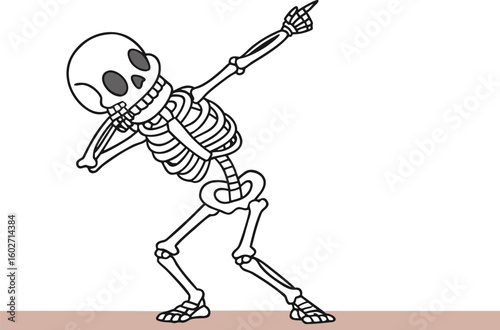 Cartoon skeleton dabbing with one arm raised and pointing a finger standing on a brown surface area