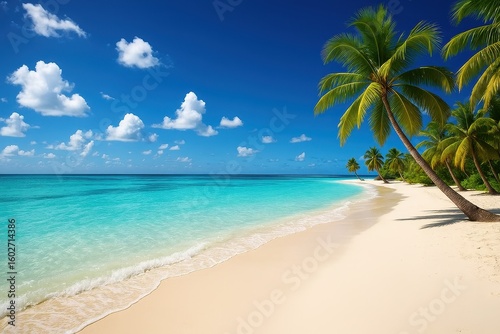 Tropical paradise beach with crystal clear turquoise water and swaying palm trees