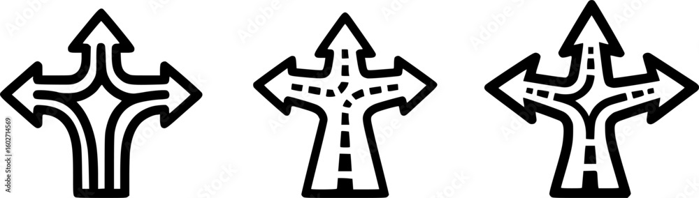 Fototapeta premium Choice between three roads icon set. Three-way directional arrow. Way, road, direction, branching, arrows , Icon for design. Easily editable, pathway, opportunity, logo, split, choose, three concept.