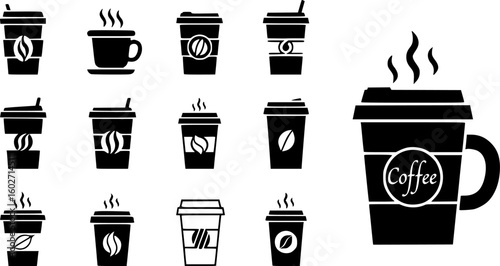 Coffee cup icon set. Cups of coffee tea collection. Hot drink icon. Disposable cup. Cup coffe with steam. Flat style. Vector Illustration. Vector Graphic. EPS 10