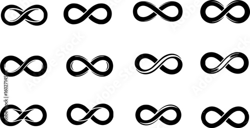 Infinity shape icon. Infinity symbols. Set of infinity icons. Symbols of endless, unlimited, eternal. Vector illustration. EPS 10
