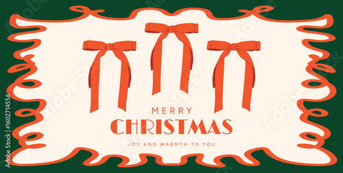 Three red bows with long ribbon tails on decorative frame background. Festive greeting composition with text Merry Christmas. New Year and winter holiday. Vector illustration for cards and promo