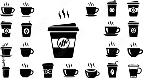 Coffee cup icon set. Cups of coffee tea collection. Hot drink icon. Disposable cup. Cup coffe with steam. Flat style. Vector Illustration. Vector Graphic. EPS 10