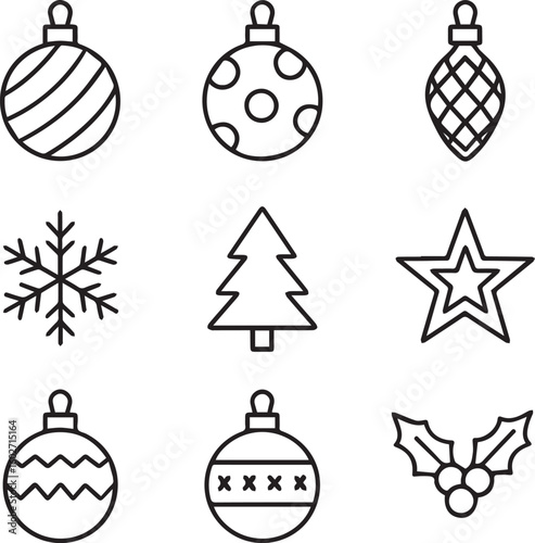Christmas Ornaments Vector Icon Set  Adjustable Line Weight  Baubles, decorations, tree, festive, holiday, snowflake, star, striped, pattern, winter, celebration line art vector