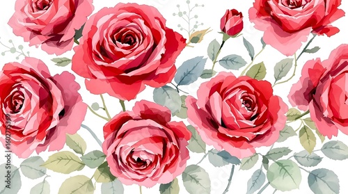 Beautiful Watercolor Roses and Green Leaves Romantic Floral Design Illustration