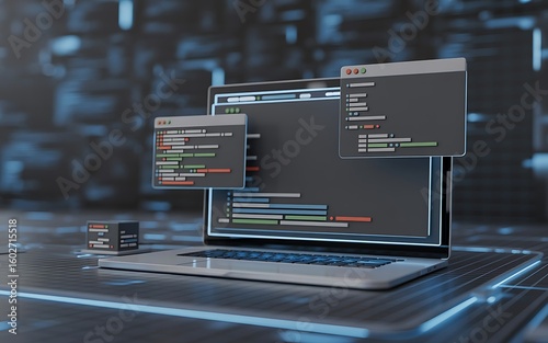 Digital coding on a laptop screen with multiple open windows displaying code in a modern technology environment