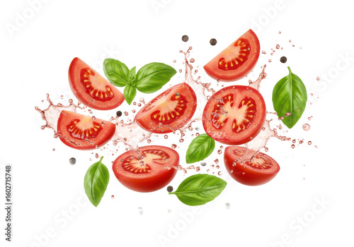 Wallpaper Mural Ultra photorealistic high-angle shot of vibrant red tomatoes, juicy slices, fresh green basil, and black peppercorns flying & splashing on white studio background, Concept for dynamic Italian food Torontodigital.ca