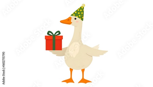 Cute goose with birthday hat holding a gift
