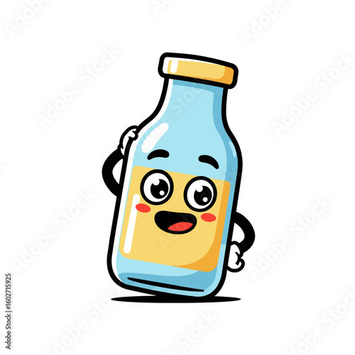 Cheerful cartoon bottle character with a happy expression, showcasing a light blue glass bottle with yellow liquid inside.