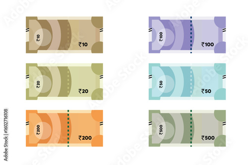 Set of Indian currency note vector illustration on white isolated