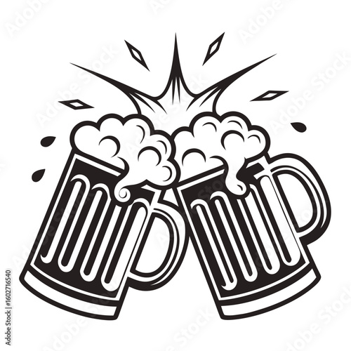 Cheers to the Brew: This vector illustration shows two overflowing beer mugs clinking together in a spirited toast, suggesting joy, celebration, and camaraderie.