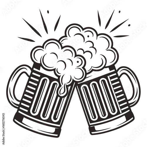 Cheers to the Ale: Two brimming mugs of frothy ale clink in a celebratory toast, capturing the essence of camaraderie and shared moments, a perfect image for beer lovers.