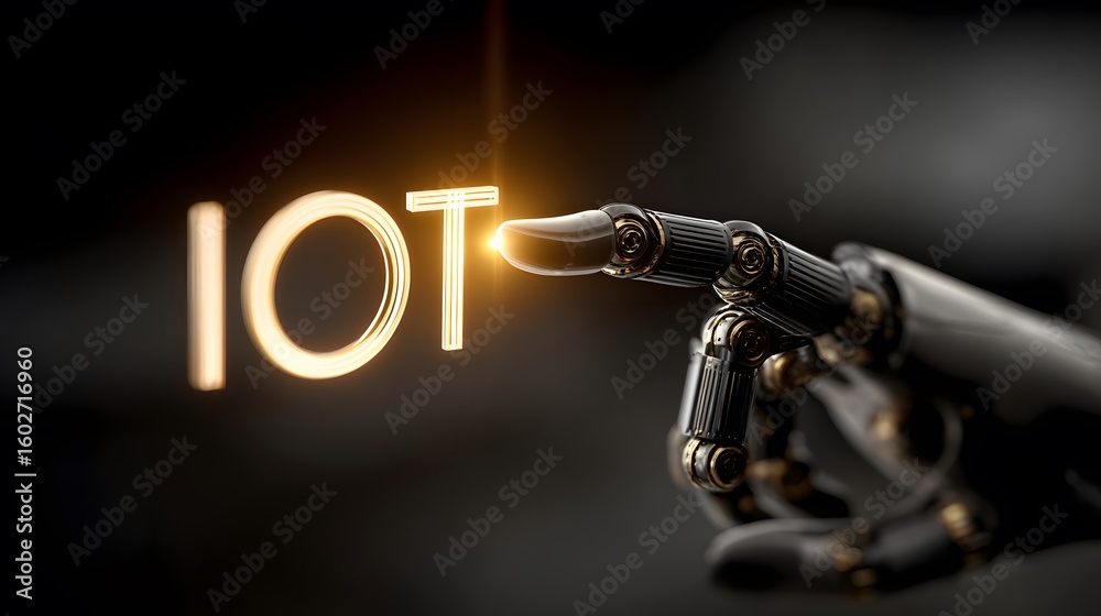 Naklejka premium Close-Up of Advanced Technology: Robotic Digit Pressing Bright IoT Icon