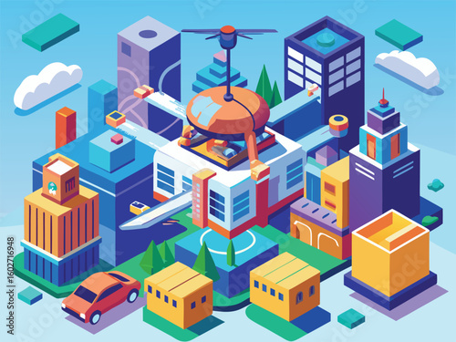 Orange drone delivering package to futuristic city buildings delivery smart city