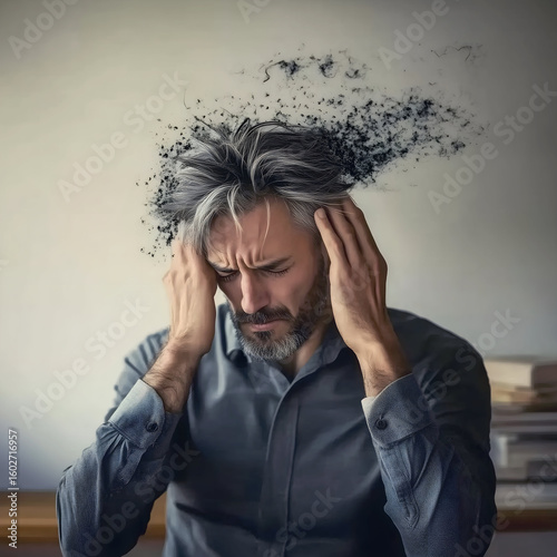 Overthinking, restlessness and burnout. Modern, conceptual illustration of a male figure overwhelmed by intrusive thoughts, emotional stress, anxiety, mental overload and psychological struggle.