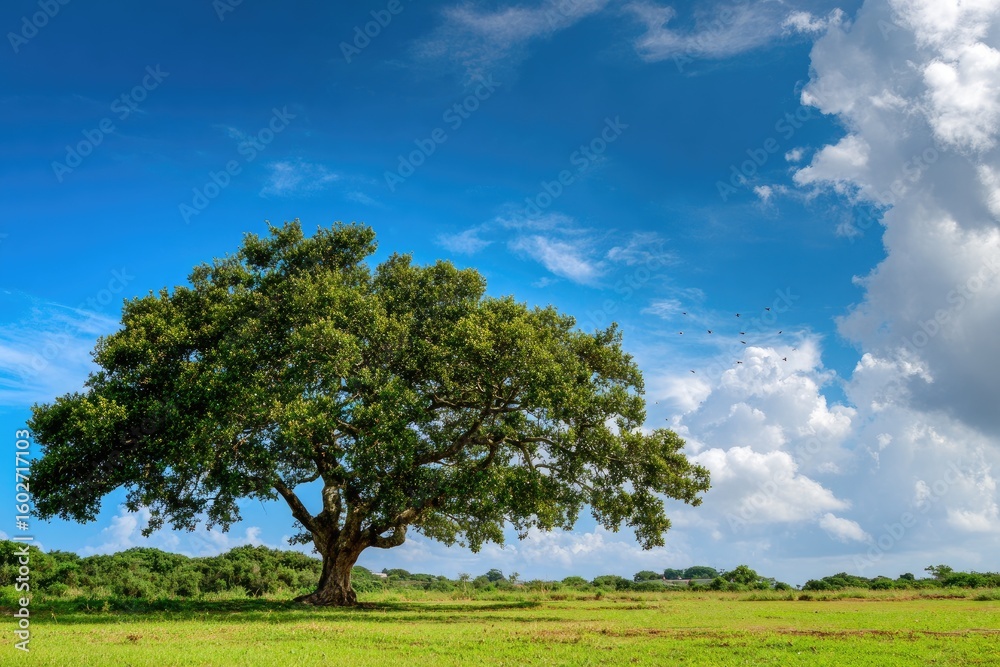 Obraz premium A lone tree stands on a grassy plain beneath a vast, partly cloudy sky