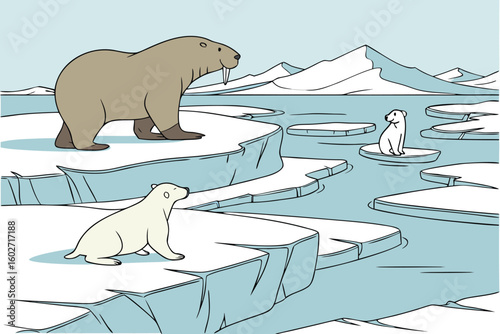 Illustration of a walrus and polar bears on ice floes with snowy mountains in the background scene