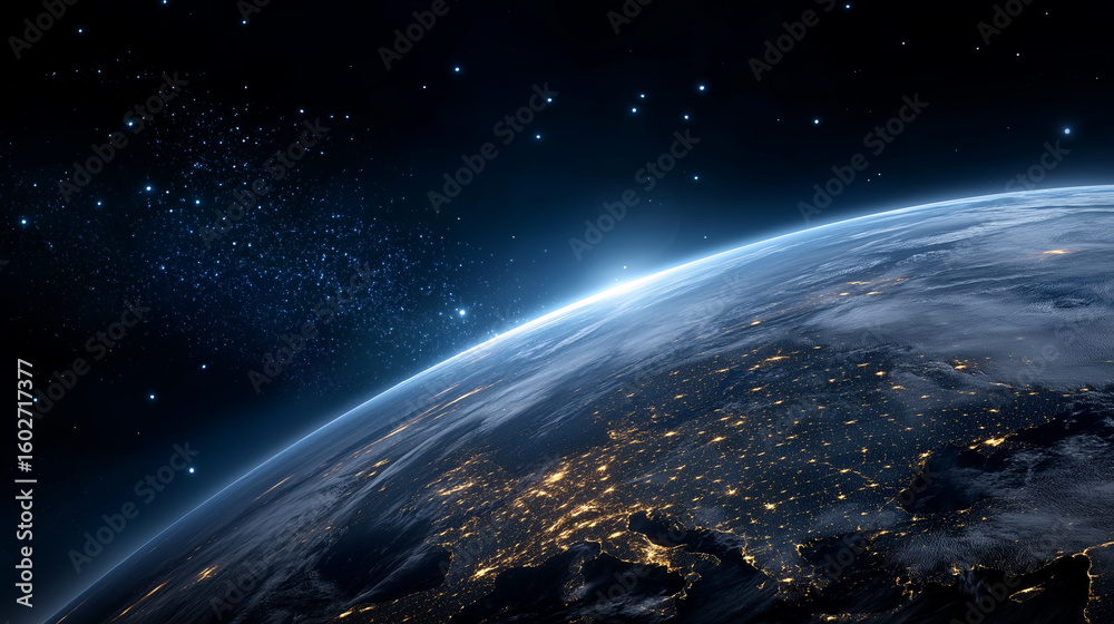 Fototapeta premium Earth glowing from space with satellites and city lights