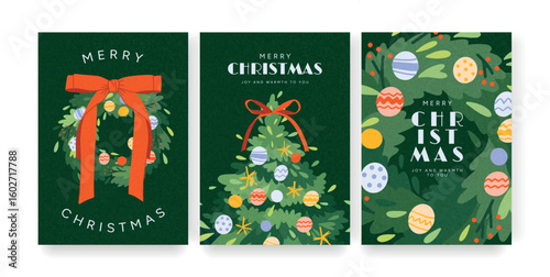 Set of Christmas cards with decorated wreath, Christmas tree, ornaments and ribbon bow. New Year and winter holiday. Vector illustration for festive cards, promo, banners and ad