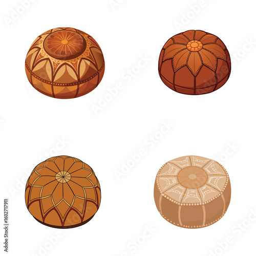 Moroccan Leather Pouf Isolated on White Background – Traditional Handmade Ottoman