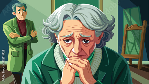 Two men in green coats looking concerned and sad indoors