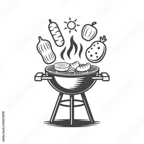 Barbecue grill with food and sun cooking summer