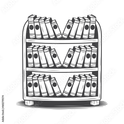Black and white illustration of a three-tiered bookshelf filled with books library reading