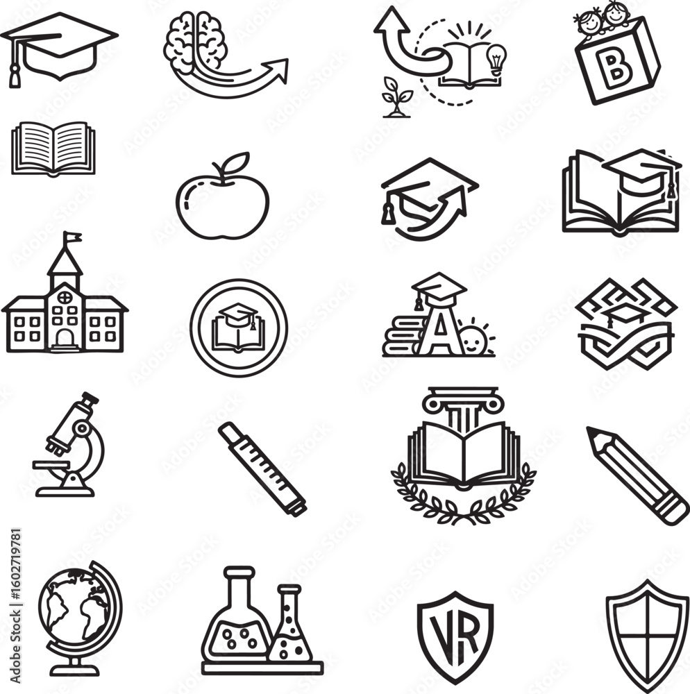 Fototapeta premium set of Graduation logo and student success emblem – academic cap icon, education badge, growth and knowledge symbol, creative school logo, happy learning, study tools, minimal nursery insignia, 
