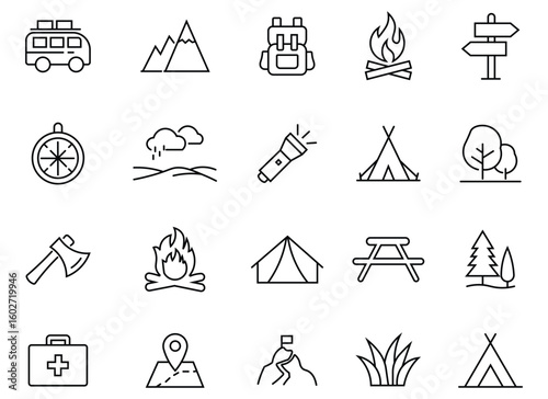 Tourist camping tent vector icon set. Containing hike, campfire,  climbing, travel, snorkeling and canoeing icons. Outdoor adventure solid icons set. Vector illustration.