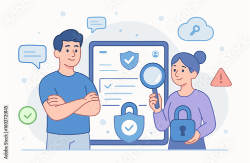 Help users safely search information for the web — Vector illustration in a flat style with characters, a magnifying glass and a site protected shield