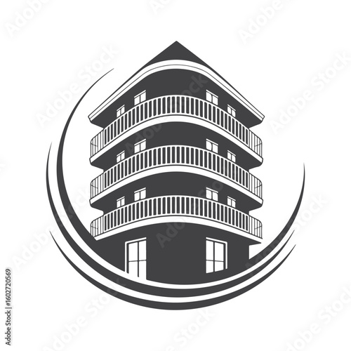 Curved building with balconies and windows enclosed in swooping lines architecture residential