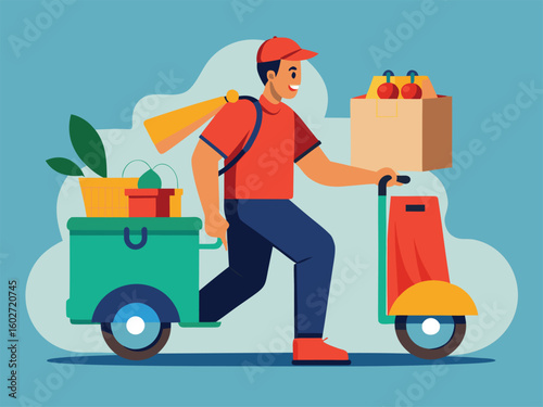 Smiling delivery person on scooter with groceries vector