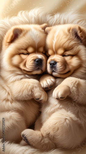 two adorable baby chow chow, cuddle up together sleeping 