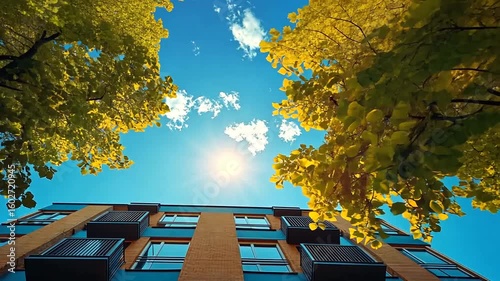 Upward view of a Building framed by golden foliage against a blue sky