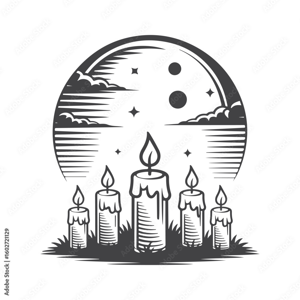 Fototapeta premium Five lit candles under a moonlit sky with stars and clouds flames night