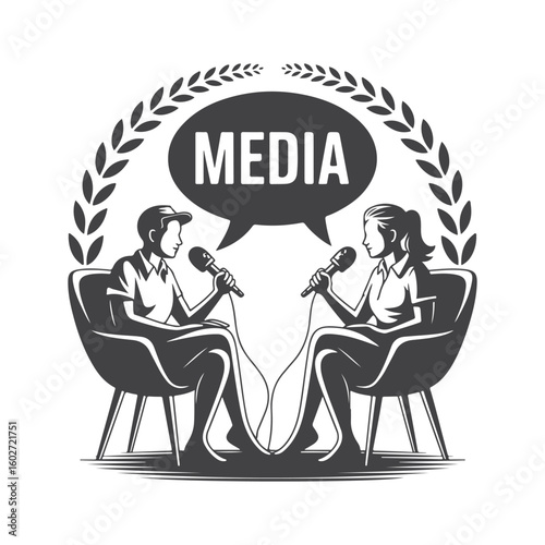 Interviewers discussing media with microphones discussion people