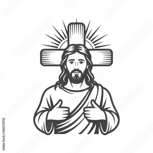 Jesus Christ with cross and rays religious symbol